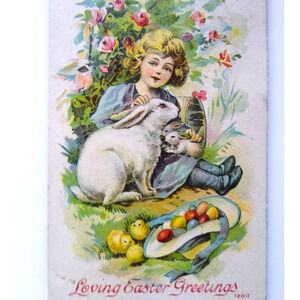 Loving Easter Greetings Postcard 1911 Child Bunny Rabbits In Flower Garden 72011